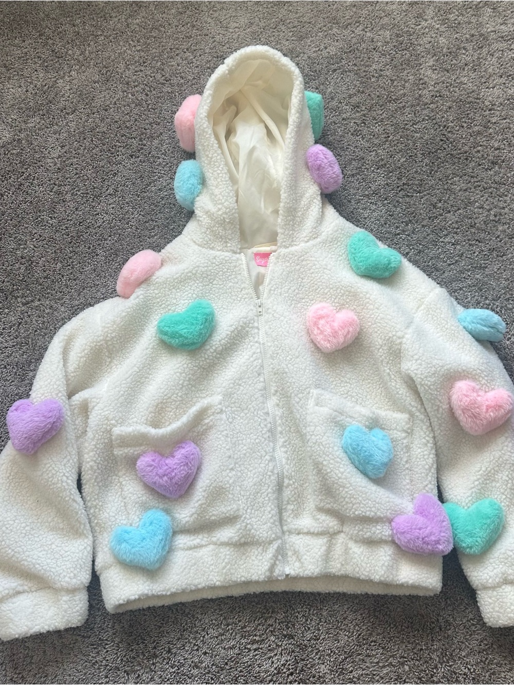 Sugar Thrillz White Sherpa Hoodie with Pastel Heart Appliquรฉs